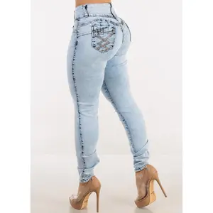 Women’s Mid Rise Skinny Jeans – Light Acid Wash Push Up Jeans with Rhinestone Detail, Stretch Denim – MX JEANS by ModaXpress