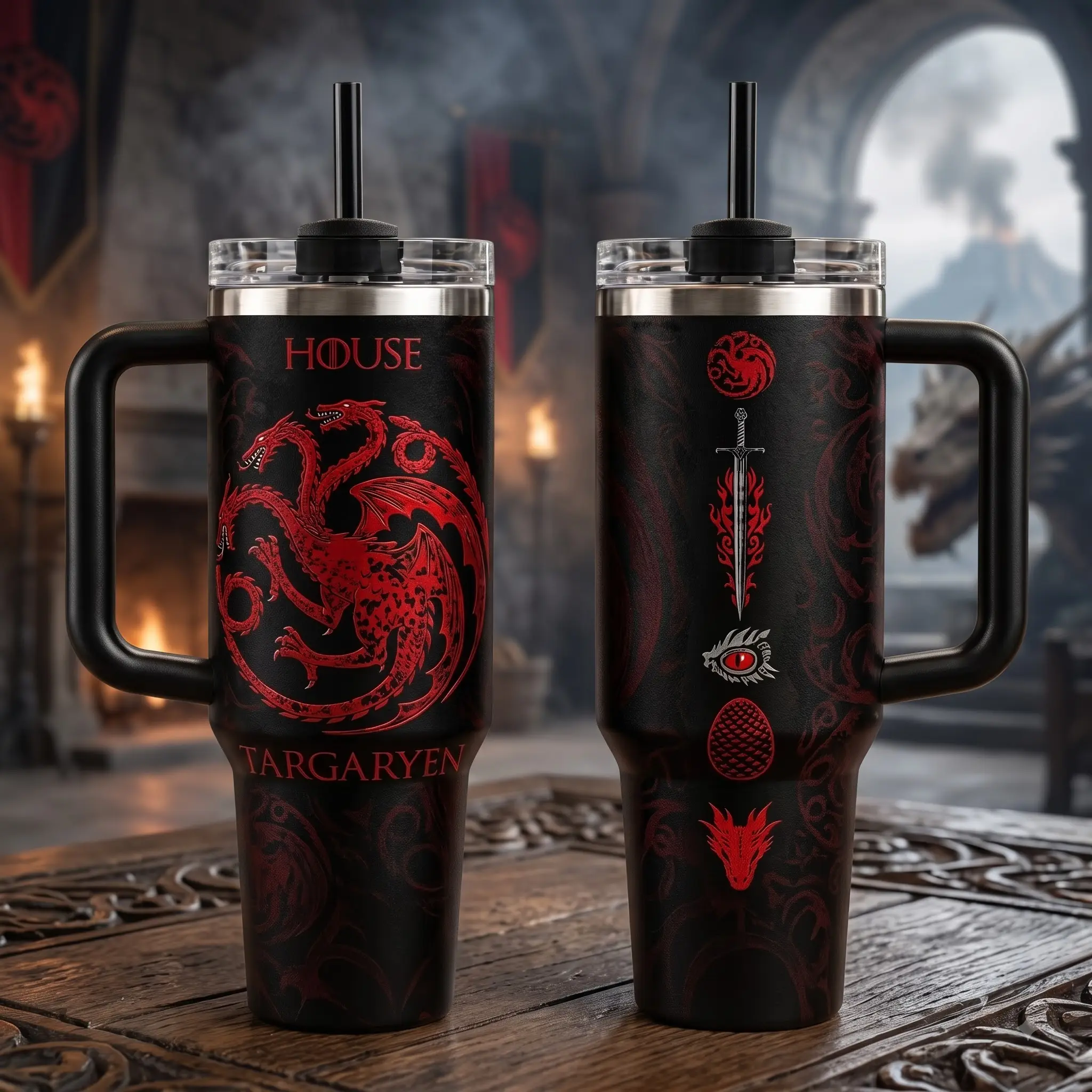 House Targaryen 40oz Tumbler with Handle Straw, House of the Dragon HOTD Red Three Headed Dragon Sigil Travel Mug, Valyrian Sword Dragon Eye Egg Stainless Steel Insulated Water Coffee Cup, Game of Thrones GOT Drinkware, Fantasy Gifts for Fans