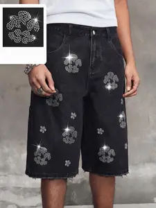 Men's Fashion Sequin Jeans Shorts, Comfortable and Stylish Casual Design, Summer Street Style, Loose-Fitting Button Fly, Denim Streetwear