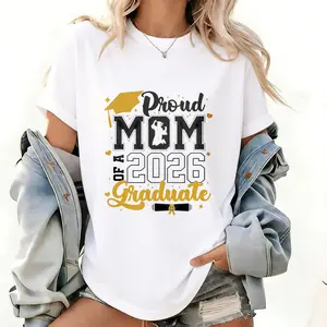 Women's Round Neck Short-Sleeve Casual T-Shirt - Proud Mom of 2026 Graduate, Class of '26 Senior Graduation Party Outfit, Ideal for Commencement Ceremonies & Matching Family Photos