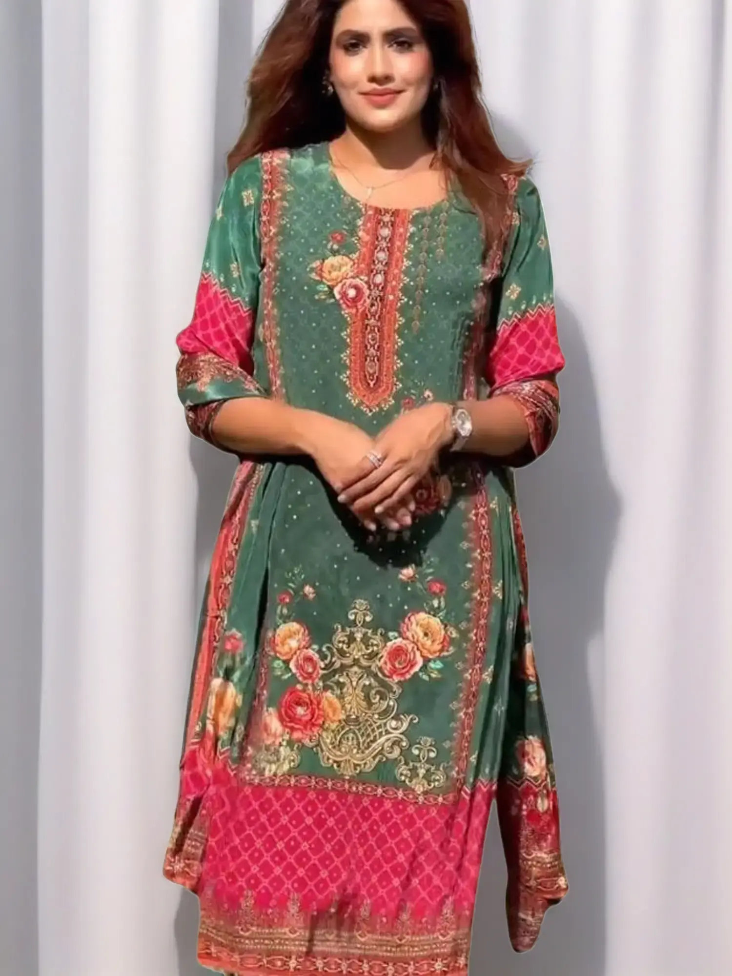 Women's 3-Pieces Traditional Ethnic Karva Heavy Fancy Muslin Kurti-Pant-Dupatta Set - Round Neck, 3/4 Sleeve, Threadwork, Embroidery, Soft Premium Fabric, Lightweight, Breathable, Elegant Casual Everyday Ready-to-Wear Outfit, Matching, Comfortable, Style,