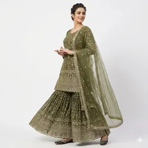 Full Embroidery Sharara in Olive Green Intricate Floral Motifs & Sequin Accents for Festive Wear Women's Robe