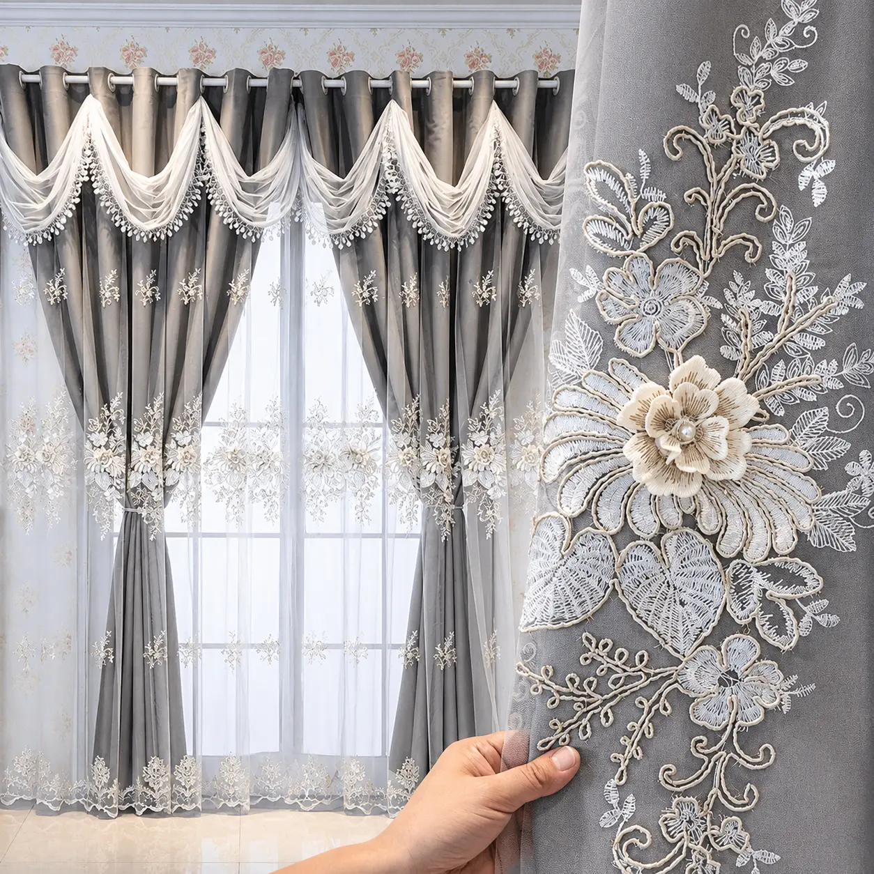 1 Panel or Pair French Luxury Double Layer Ruffled Sheer Curtain, Bedroom Curtains, Window , Upgrade Curtain, Window Drapes, Backing, Light Blocking, Princess Style, Bedroom & Living Room Decor(Beige,Pink,Grey52x95 Inch)