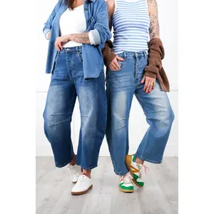 Restock! Non-Distressed Barrel Jeans with Elastic Waist Detail