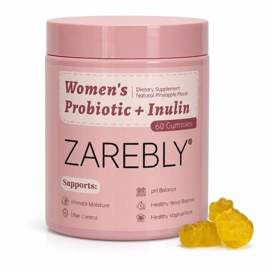 ZAREBLY These feminine wellness probiotic gummies support digestive health. Formulated with natural inulin extract, prebiotics & lactobacillus. Sugar-free, vegan, pineapple flavor, 60 gummies per pack.