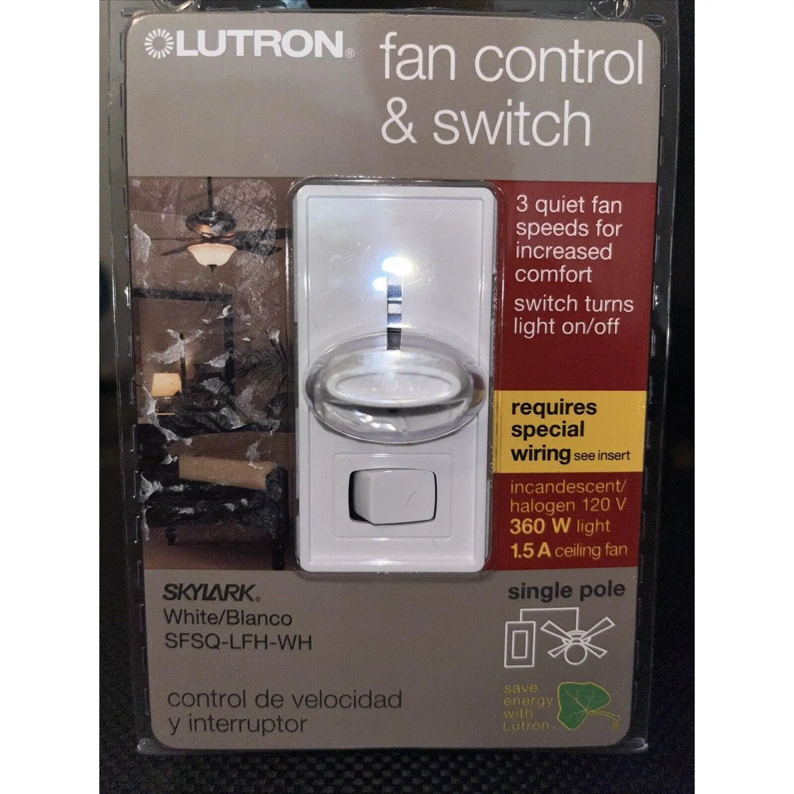Lutron Fan Control & Switch 3 Fan Speeds On/Off Switch White SFSQ-LFH-WH