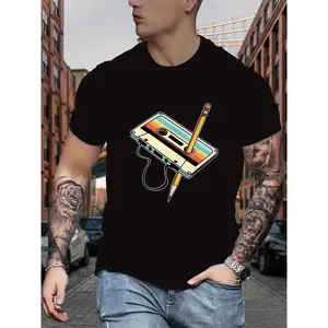 Men's Retro Cassette Print T Shirt  Blend Casual Crew Neck Slight Stretch Summer Knit Fabric Top