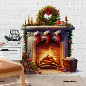 Christmas Wall Stickers Set of 2 (30x60cm), Festive Fireplace Design for Living Room & Bedroom Decor, Home Decoration Accessories