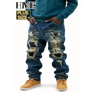 Men'S Vintage Distressed Jeans in Sizes 1XL to 6XL, Designed for The New Autumn And Winter Season with for Cold Insulation And Warmth. They Feature a High Waist, Slim Fit, Straight Leg with Stretch, And a Ground White Tear Tape, Plus Size