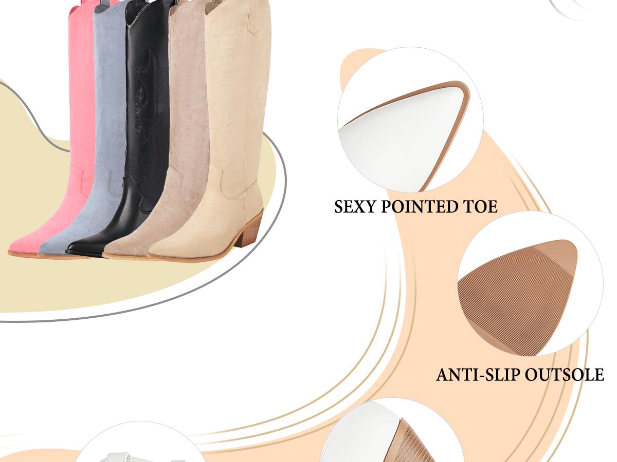 Reitoye Cowboy Boots for Women Embroidery Western Cowgirl Knee High Chunky Heel Boots with Pull-Up Tabs