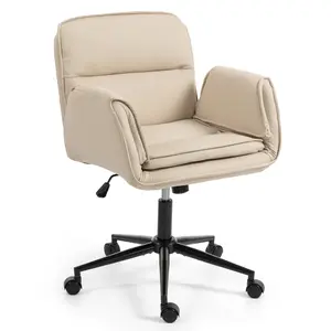 Beige Cat-Scratch Resistant PU Office Chair, 360° Swivel Height Adjustable Desk Chair with Foldable Armrests, Compact Ergonomic Leisure Chair Easy to Clean, Pet-Friendly Upholstery for Home Office Living Room Bedroom Use