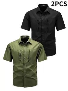 Pack of 2 / Pack of 1 — New Summer Men’s Casual Workwear Shirt, Solid Color, Sports Outdoor Style, Short Sleeve, Zipper Pockets, Multiple Pockets, Button Closure, Stylish Design
