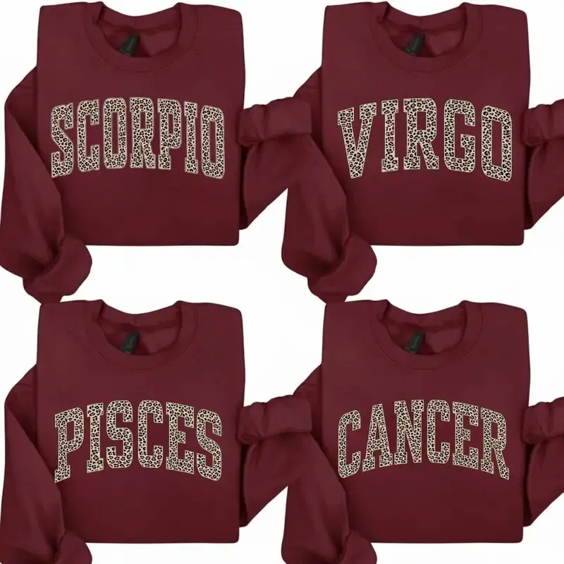 [Full 12 Zodiac] Leopard Print Graphic Sweatshirt – Astrology Sign Pullover, Vintage Horoscope Crewneck for Women, Scorpio Virgo Pisces Cancer Minimal Streetwear