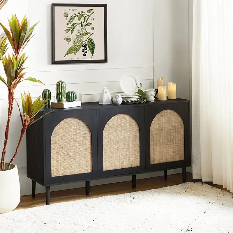 HULALA HOME Posey 56" Wood & Rattan Sideboard Cabinet with 3 Doors Adjustable Shelves Solid Wood Legs Natural Storage for Dining Living Entryway Coastal Farmhouse Console
