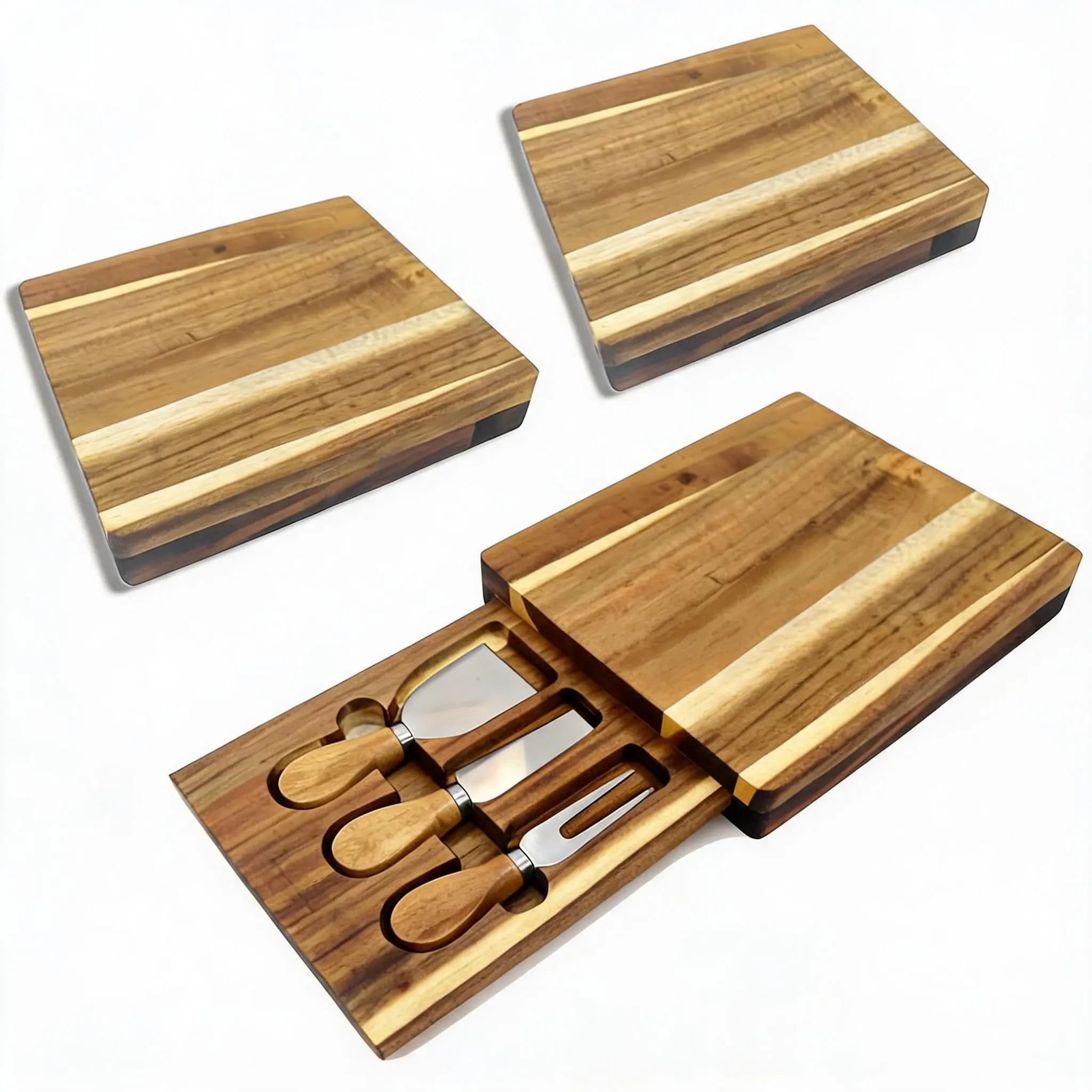 GAOMON 3-Pack Stylish Rectangular Acacia Wood Cheese Board Set - 9 x 7.9 inches Mini Size Charcuterie Tray, Stainless Steel Knives, Compact Cutting Board for Home Kitchen Entertaining, Gift Ready