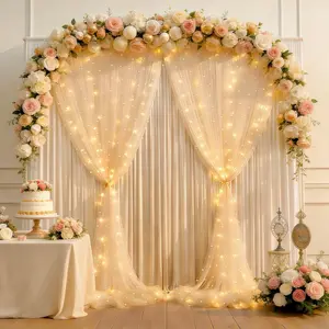 5x8ft Champagne  Tulle Backdrop Curtain with 8 Modes LED Lights, 2 Panels Romantic Photo Booth Backdrop for Wedding Bridal Shower  Shower Birthday Party  Window Decor