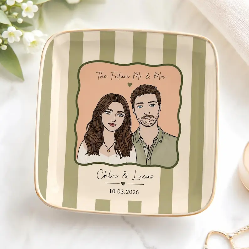 Personalized Wedding Ring Dish, Custom Couple Portrait Jewelry Holder, The Future Mr and Mrs Gift, Engagement Gift for Bride Ring Tray