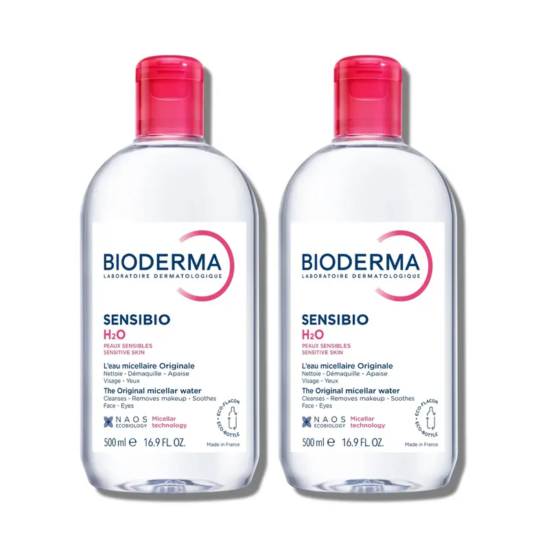 Bioderma Sensibio H2O Micellar Water Cleansing Makeup Remover - Gentle Hydrating Soothing, Face Eyes Lips, Alcohol-Free Hypoallergenic Non-Comedogenic with Cucumber Extract - 2 x 16.9 oz