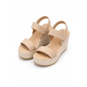 Women's Beige Open-Toe Platform Wedge Sandals with Elastic Straps