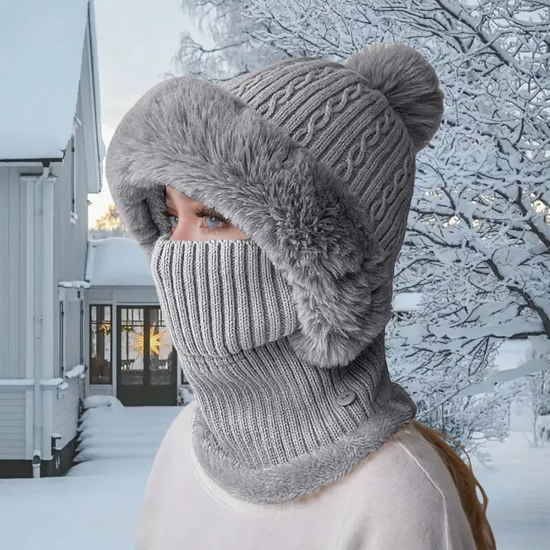 Windproof Cap Outdoor Hat Striped Knit Pom Pom Beanie and Scarf Set with Matching Face Mask, Soft Acrylic Blend Winter Accessories for Women