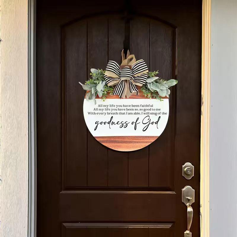 Christian Round Wooden Religious Door Hanger - 11.8 in Greenery, Goodness of God Bible Verse Sign, Smooth Lightweight Farmhouse Daily Decoration, Pre-Hung Rope Inspirational Porch Gift for Entryways