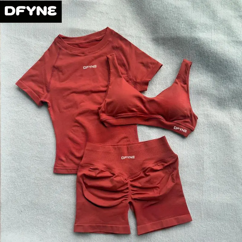 DFYNE Women's Seamless 3 Piece Workout Set - Sports Bra, Short Sleeve Tee & High Waisted Scrunch Shorts