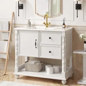 ONBRILL 36" Bathroom Vanity with Sink Combo, Modern Bathroom Vanities with Open Storage Shelf, 4 Solid Legs, Drawer, Door, Ceramic Integrated Sink, Freestanding Bath Storage Cabinet