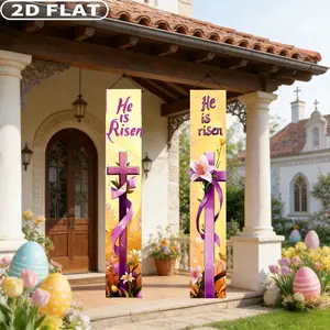 2D FLAT 1 Pair Polyester Happy Easter Day Tapestries He Is Risen Porch Banners, Party Decorations Banners, 12x70.8 Inch/30x180cm Easter Cross Door Cover Background for Spring Easter Party Decor, Hanging Flags for Outdoor, Garden, Porch, Yard