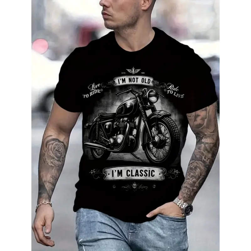 Men's Combed Cotton Classic Round Neck Shortsleeve Tshirt - Boxy Cut, Soft Sweat-Wicking Fabric, Casual Tropical Streetwear, Retro Motorcycle Print, Unisex Fit, COD Available, Menswear Top