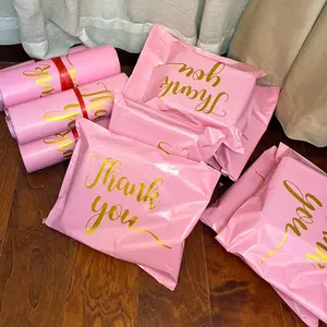 100pcs Peach Gold Thank You Letter Print Polyester Envelope Bags, Waterproof Self-Adhesive, Durable, Ideal for Gifts and Packages