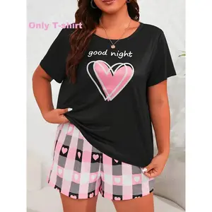 Women'S Plus Size Casual Pajamas Set Heart Pattern Short Sleeved Sleepwear Loungewear,Summervibes