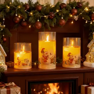 3 flameless candles, Christmas tabletop decor, flickering light effect, adorned with snowman designs, perfect holiday accents for fireplaces, bedrooms, weddings, and festive occasions, creating a warm and cozy home ambiance.
