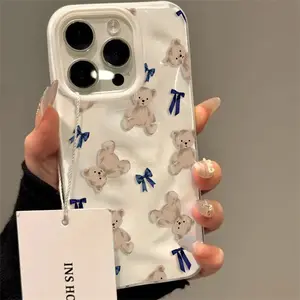 Cute bear and blue bow pattern textured phone case, compatible with iPhone 17/16 Pro Max/15/14 Plus/13/12/11 Pro Max/17 Air/17 Pro Max shockproof soft case