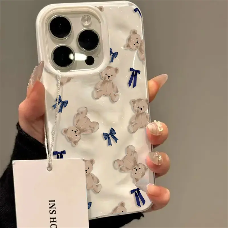 TPU Shockproof Soft Smartphone Cover - Cute Animal Design with Blue Bow Texture, Protective Tech Accessories for iPhone 17/17 Series/16 Pro Max/15/14 Plus/13/12/11 Pro Max by summerwins