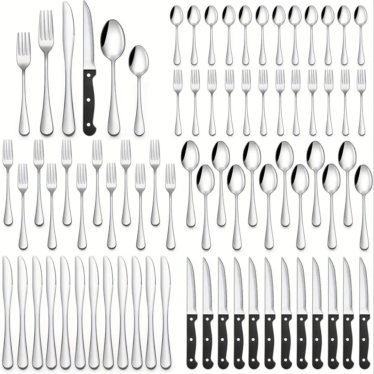48pcs Set of Stainless Steel 304 Tableware, Stainless Steel Knives/forks/spoons/teaspoons, Multi Person Flat Bottomed Tableware, Polished, Can Be Placed Directly