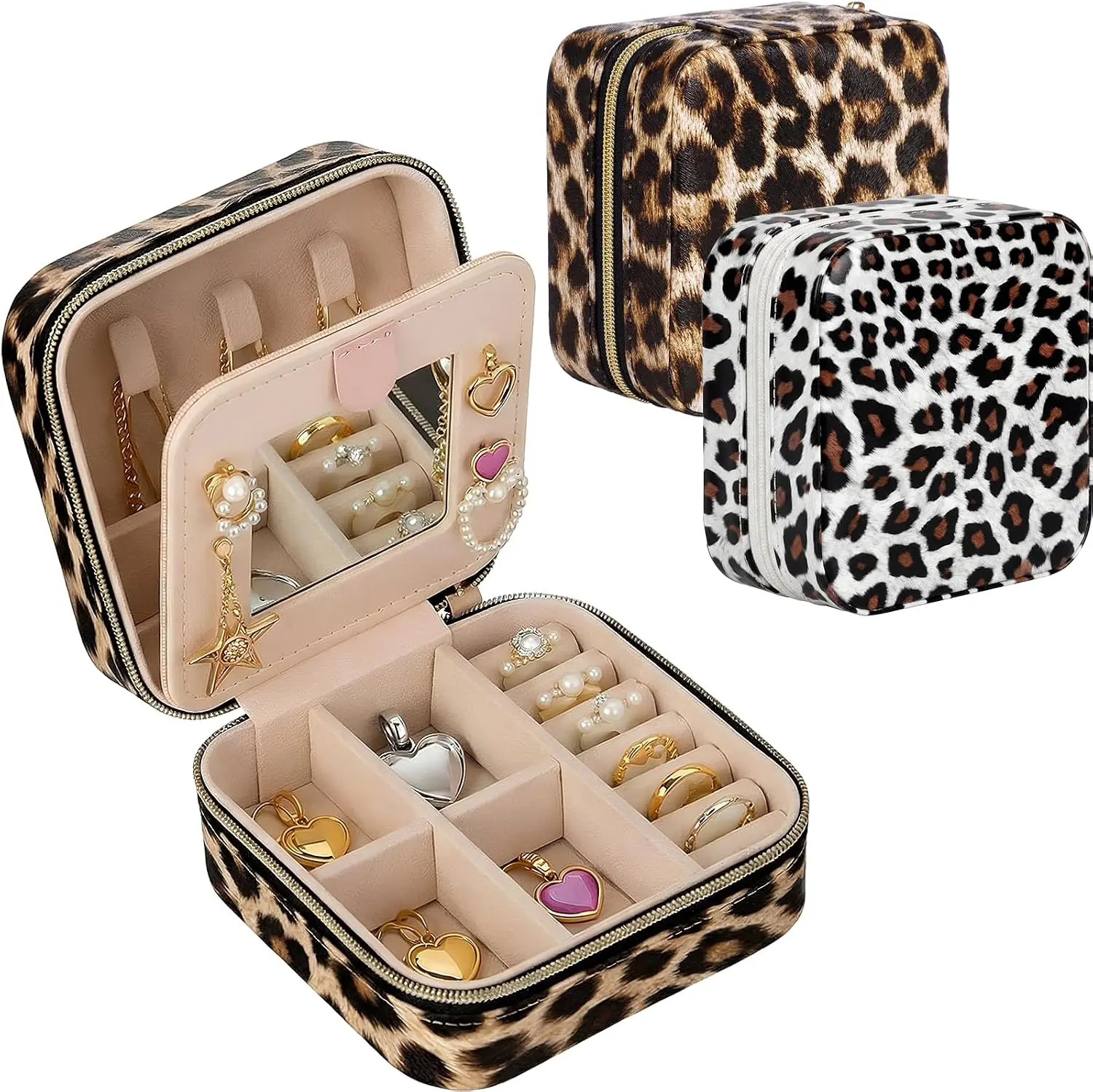 Women's Nosiny 2-Pack Leather & Velvet Graduation Gift Travel Jewelry Box with Mirror, Small Laser-Printed Organizer for Rings, Earrings (Leopard Print)