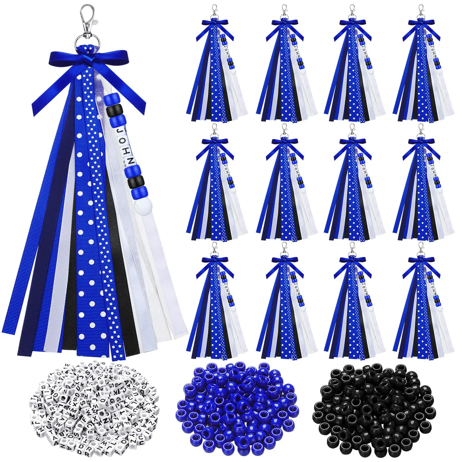 12Pcs Personalized Initial Charms & Twillies, Portable Keychain Charms & Twillies with Fabric-Plastic Beads, Ribbon, Metal Ring, 11.8 Inches Cheerleader Graduation DIY Bag Accessories for Keys, Backpacks