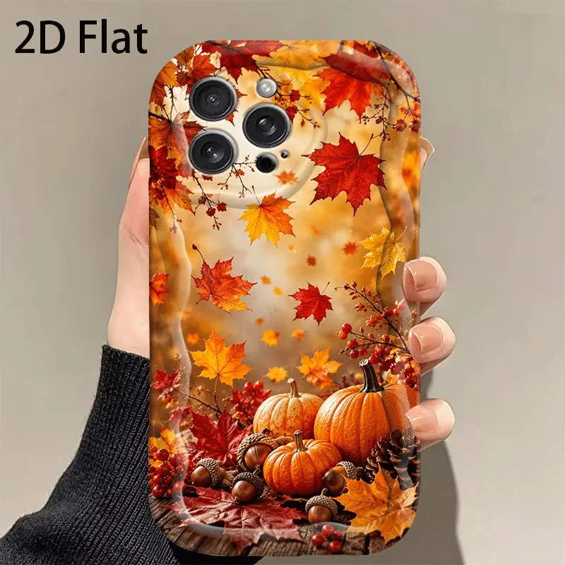 2D flat red maple leaf pumpkin autumn decoration pattern phone case, for iPhone 18 17 16 15 14 13 12 11 PRO MAX PLUS, AIR X XS MAX, drop-proof full coverage, easy to use, fashionable, shockproof, cute, and provides phone protection – a great gift idea Sma