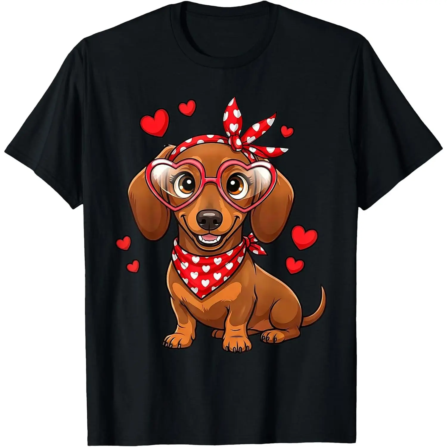 Dachshund Heart Graphic T-Shirt, 100% Cotton Streetwear Tops for Men & Women, Short Sleeve Valentine's Day Outfits for Dog Lovers, Tshirt, Shortsleeve, Everyday, Piece, Round Neck, Casual, Fabric, Menswear, Print, Soft