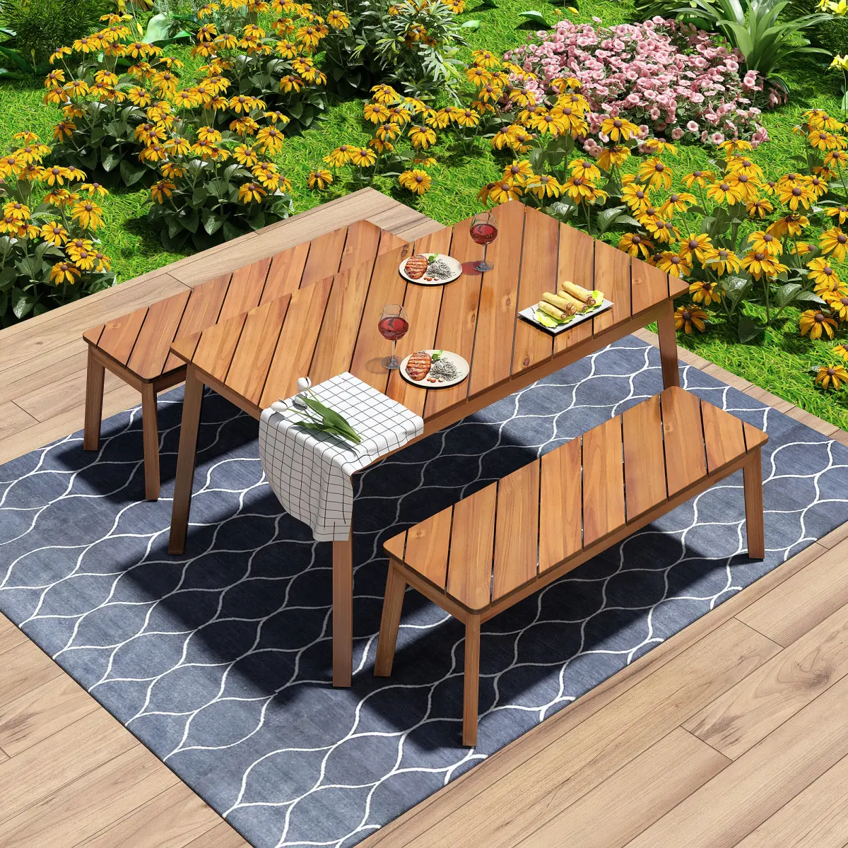 [Bellemave] 3 Pieces Acacia Wood Table Bench Dining Set For Outdoor & Indoor Furniture With 2 Benches, Picnic Beer Table for Patio, Porch, Garden, Poolside, Natural