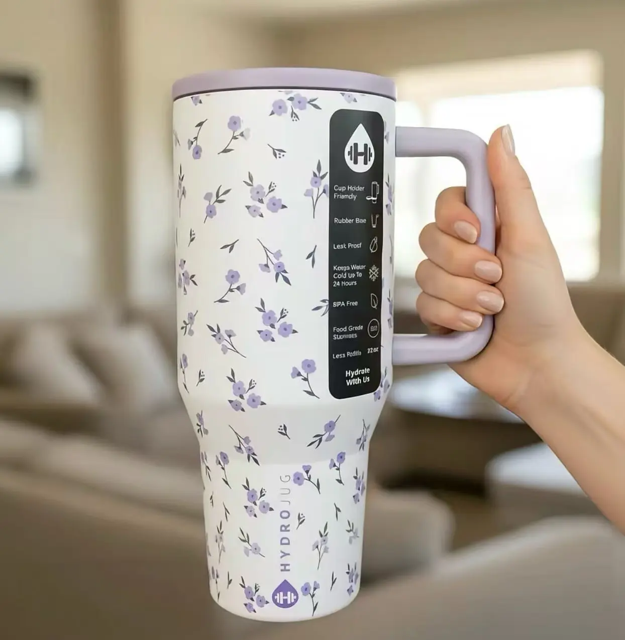 HydroJug Traveler 40oz Insulated Vacuum Flask Thermal Tumbler - Purple Floral Print, Leakproof, Cup Holder Friendly, Stainless Steel Water Bottle with Handle & Straw, Portable Kitchenware Drinkware for Camping, Gym, Ideal Birthday Gift for Traveling, Flas