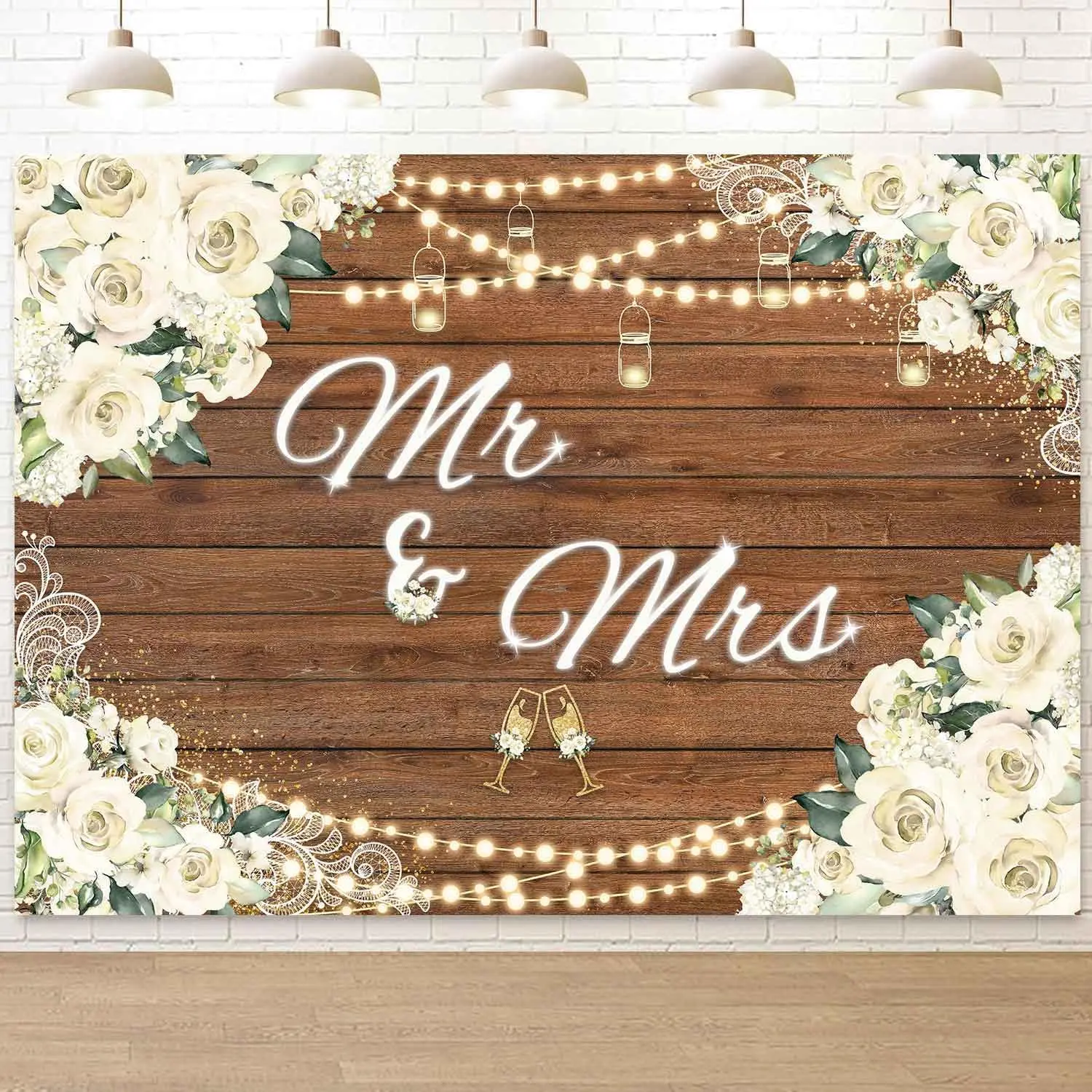 Mr and Mrs Wedding Backdrop for Engagement Party White Floral Rustic  Photography Background Bride to Be Bridal Shower Wedding Party Decorations Engaged Proposal Anniversary Banner 7x5ft