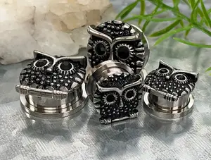 PAIR of Unique Owl with Black Gem Eyes Steel Screw Fit Tunnels/Plugs - Gauges 9/16 (14mm) thru 13/16" (20mm)