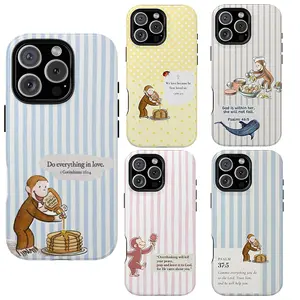 Vintage Curious George Phone Case – Cartoon Monkey Pouring Syrup on Pancakes with Bible Verse "Do Everything in Love" on Blue Striped Background, Cute Protective Cover for iPhone 16 Pro Max 15 14 13 12 11 X, Samsung Galaxy S25 S24 S23 S22