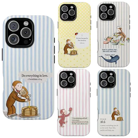 Vintage Retro Curious George Aesthetic Protective Cellphone Case - Cartoon Monkey Pancake Syrup Design, "Do Everything in Love" Bible Verse, Blue Stripes, Waterproof Handheld Cover for iPhone 12-X,15-16 Pro Max,Samsung S22-S25, Women's Accessories