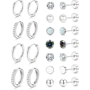 Milacolato Unisex Surgical Steel Stud Hoop Earrings, Small Flat Back Hypoallergenic Jewelry for Sensitive Ears, Stackable Sets for Multiple Piercings, Everyday Wear Trendy Silver Cartilage Earring Gifts