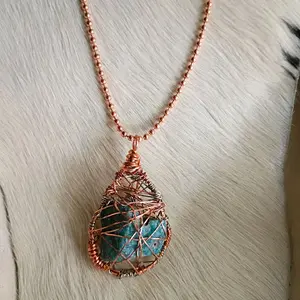 Apatite Natural Stone Copper Stainless Steel Wire Wrapped Pendant