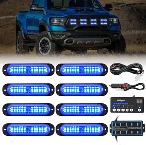 Nilight 8PCS LED Strobe Lights with Controller 12V 24V Sync Feature Blue Strobe Light 12 LEDs Surface Mount for Vehicles, Car Trucks, RVs, ATVs