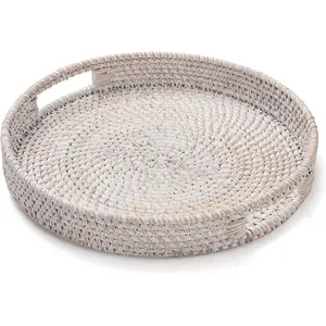 11.8 inch Round Rattan Tray, Decorative Coffee Table Trays, Ottoman Tray, Woven Serving Tray with Handles, Wicker Serving Basket, Whitewash