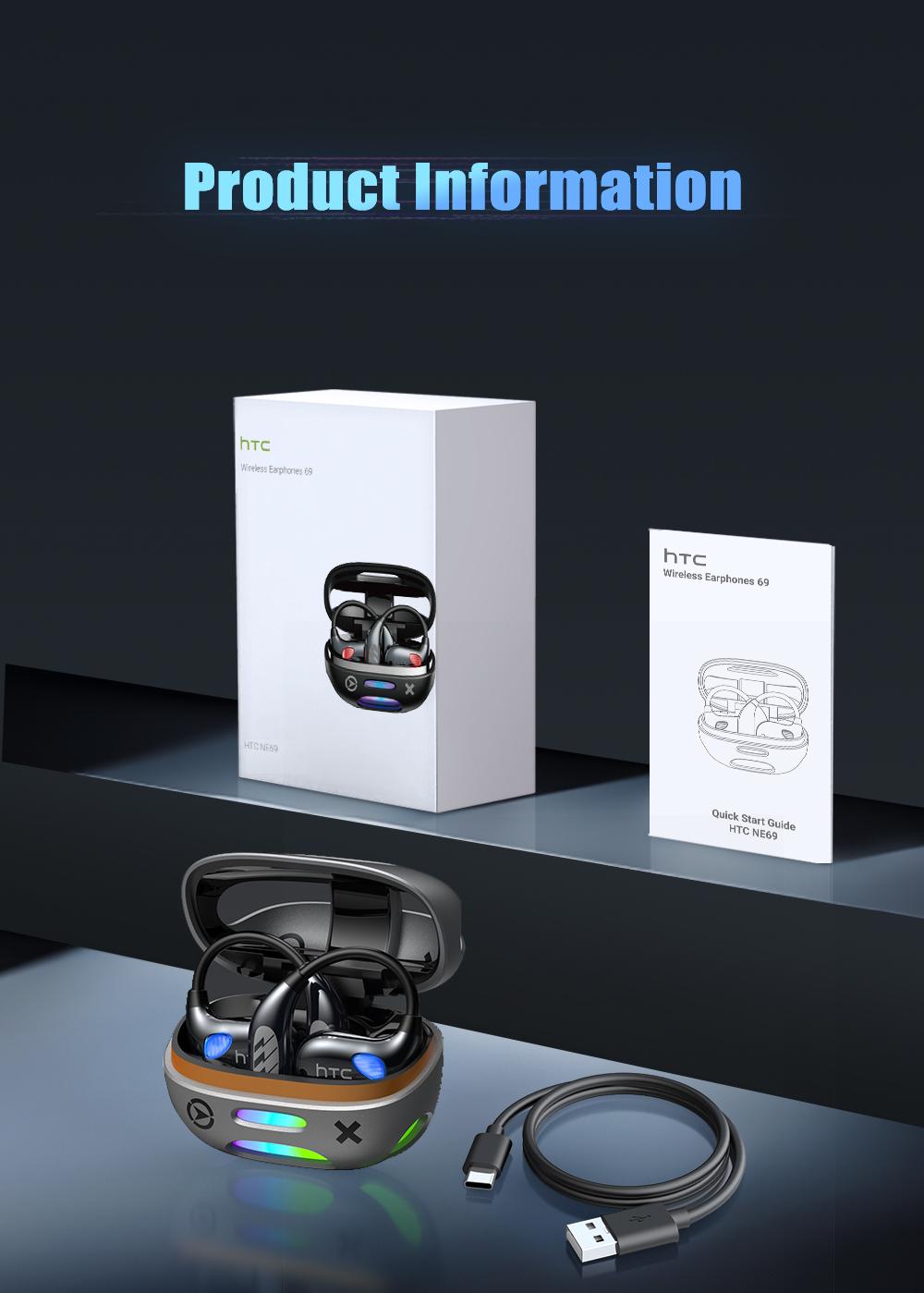 HTC NE69 Wireless Bluetooth Earbuds, Bluetooth 6.0, OWS Earphones , Sports Headphones, Built-in Microphone, Compatible with Android/IOS